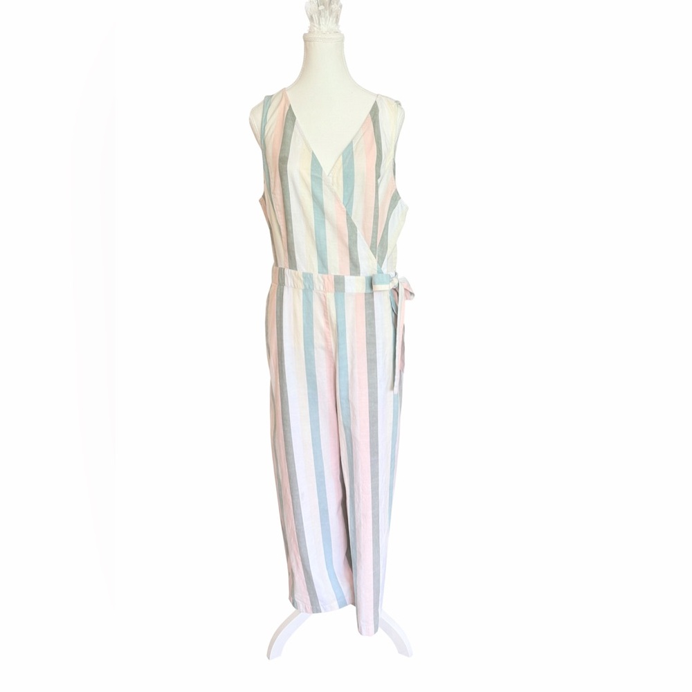 Lucky Brand Pastel Stripe Faux Wrap Jumpsuit Size XL Spring Cotton